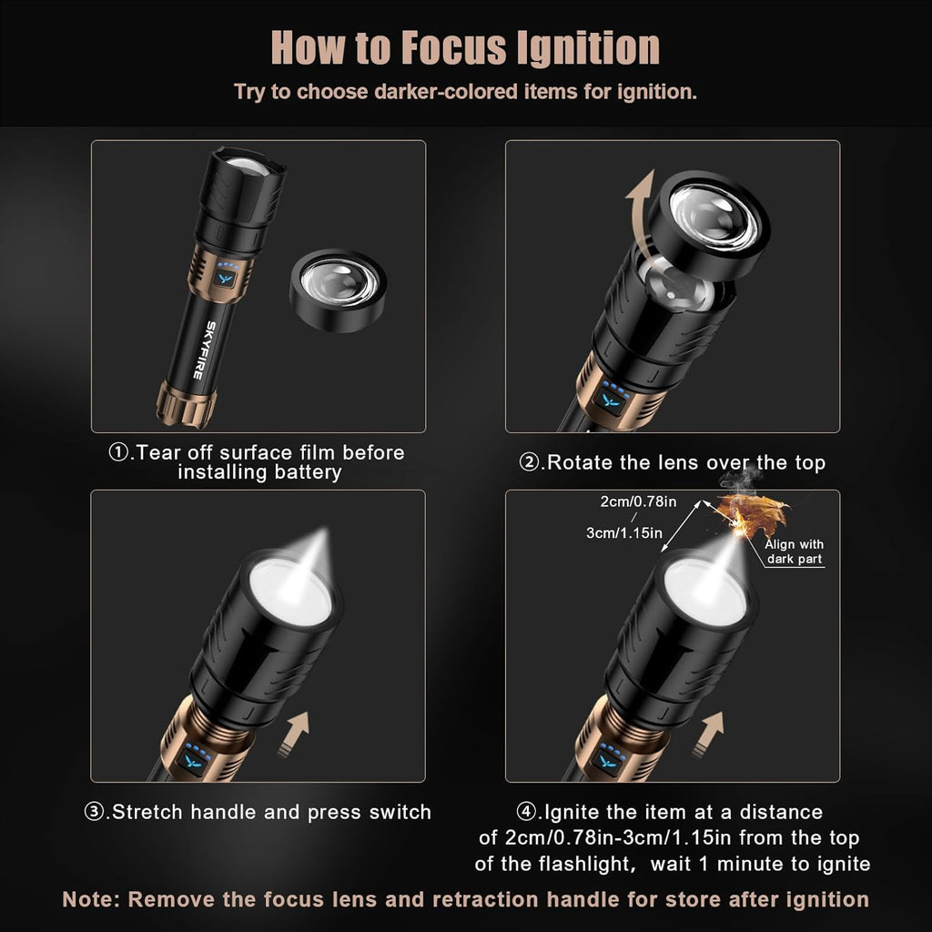 SKYFIRE LED Flashlights High Lumens with Ignition Lens,2000lm Super Bright Rechargeable Flashlight