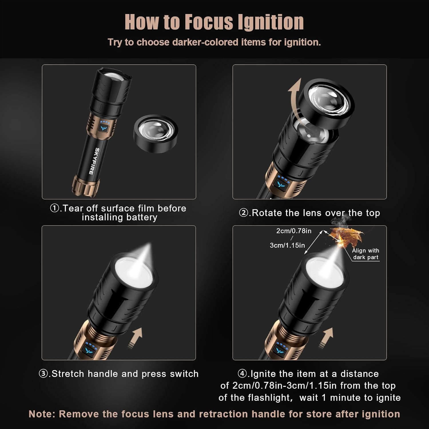 SKYFIRE LED Flashlights High Lumens with Ignition Lens,2000lm Super Bright Rechargeable Flashlight